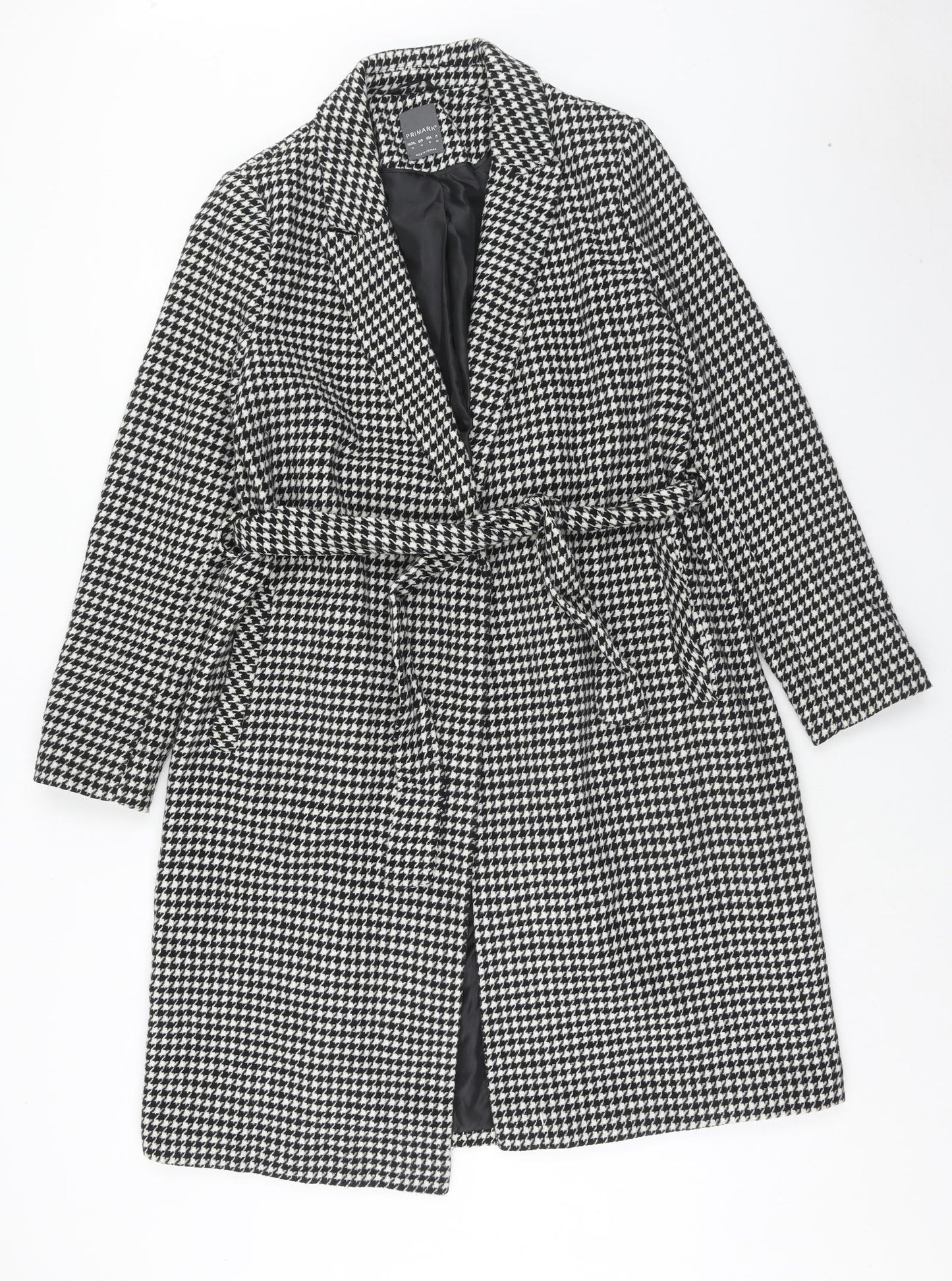 Primark Womens Black Geometric Overcoat Coat Size 14 Tie