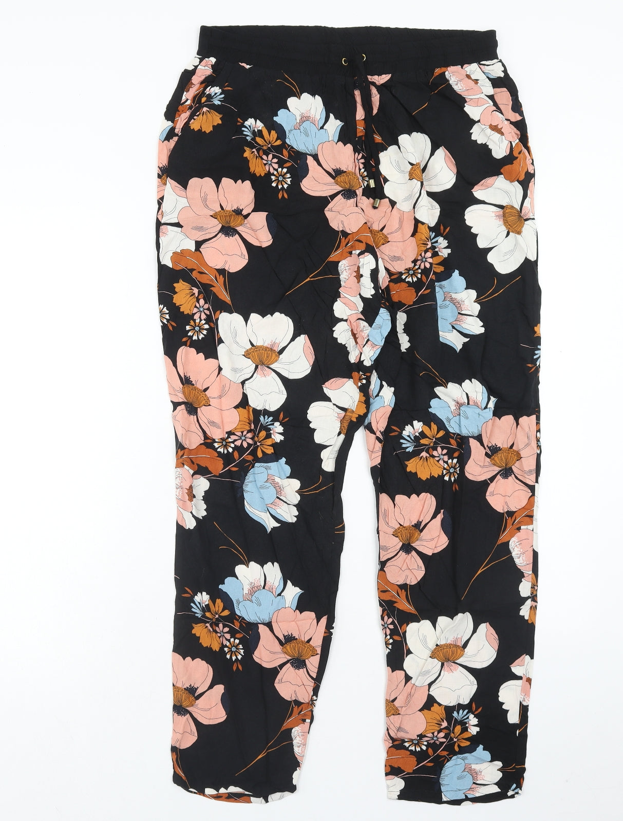 F&F Womens Multicoloured Floral Viscose Trousers Size 14 Regular Drawstring