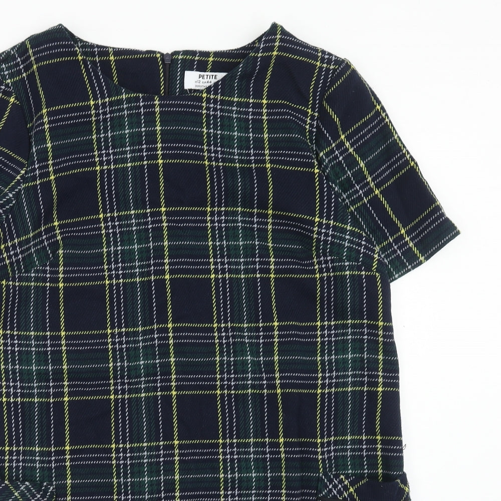 Dorothy Perkins Womens Blue Plaid Polyester Shift Size 16 Boat Neck Zip