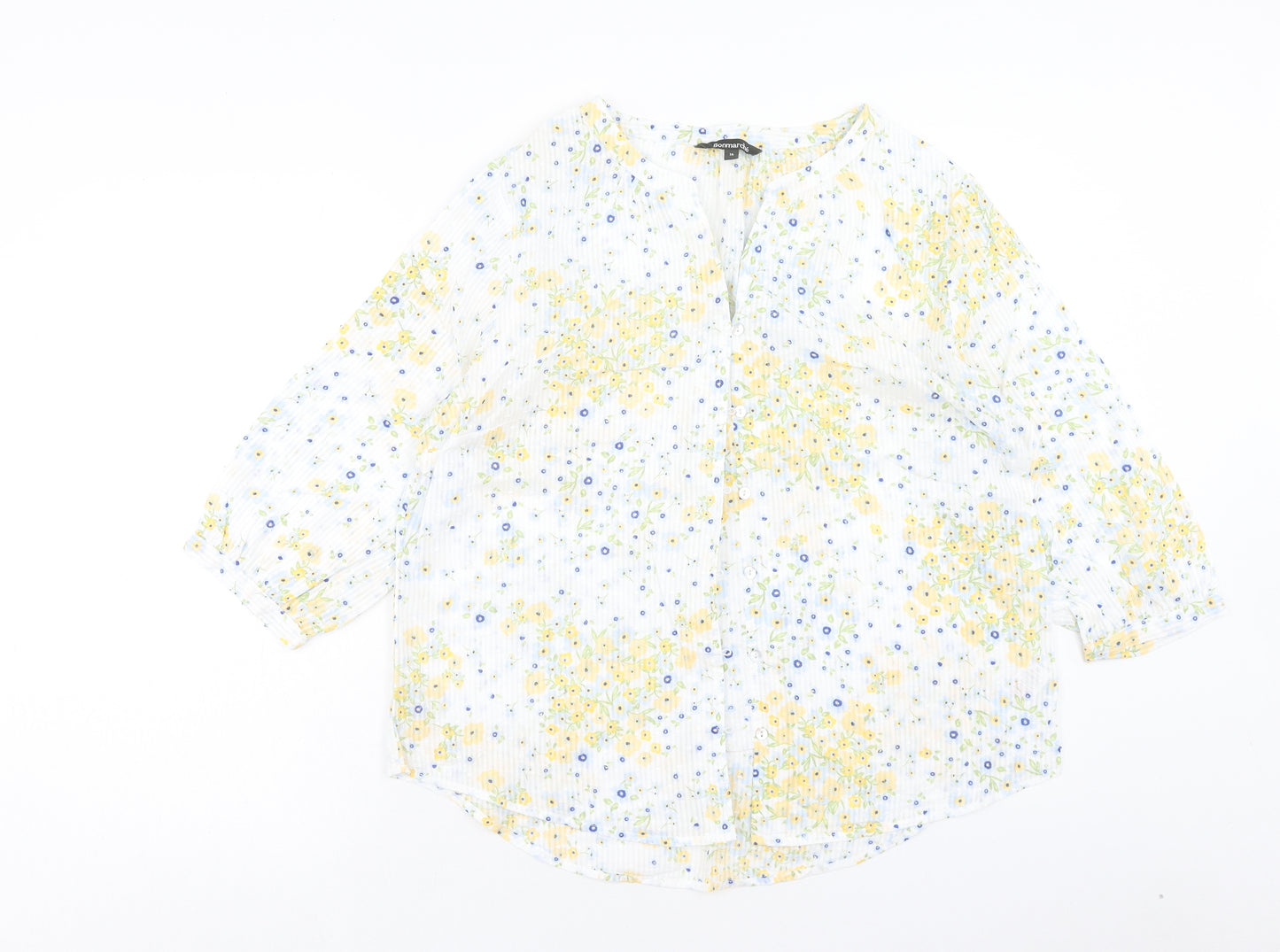 Bonmarche` Womens Yellow Floral Cotton Basic Blouse Size 16 V-Neck