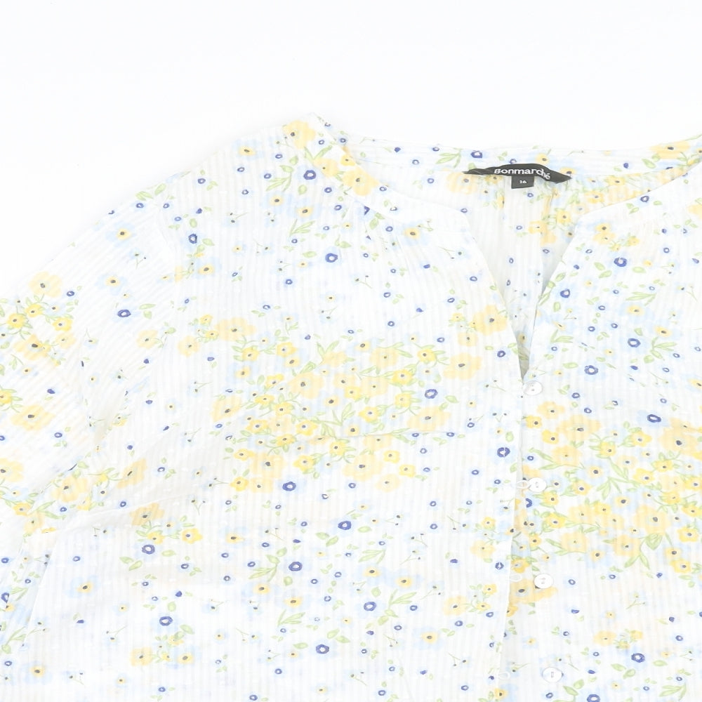 Bonmarche` Womens Yellow Floral Cotton Basic Blouse Size 16 V-Neck