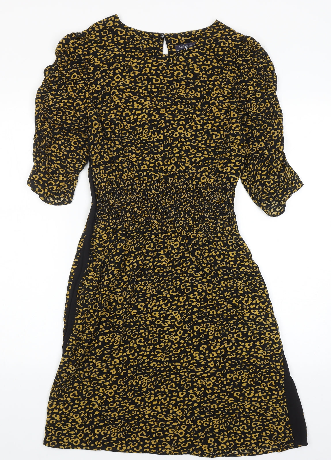 Marks and Spencer Womens Black Animal Print Viscose Fit & Flare Size 8 Round Neck Button - Leopard Pattern