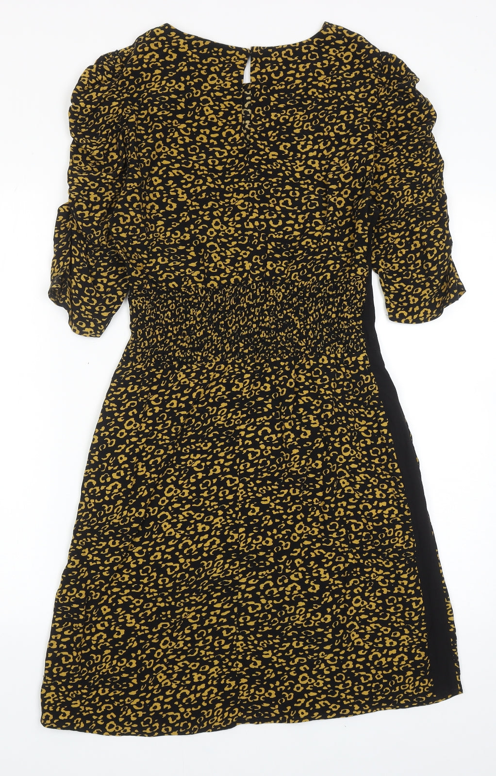 Marks and Spencer Womens Black Animal Print Viscose Fit & Flare Size 8 Round Neck Button - Leopard Pattern