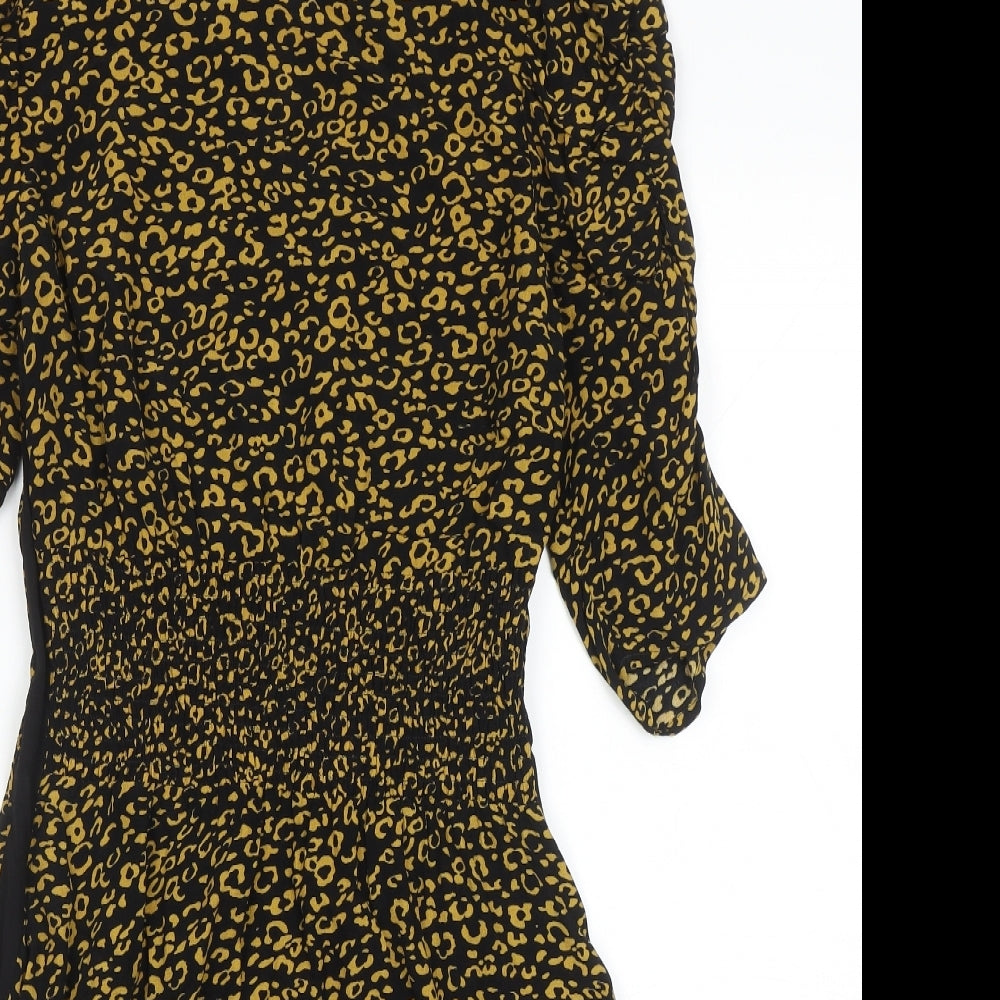 Marks and Spencer Womens Black Animal Print Viscose Fit & Flare Size 8 Round Neck Button - Leopard Pattern