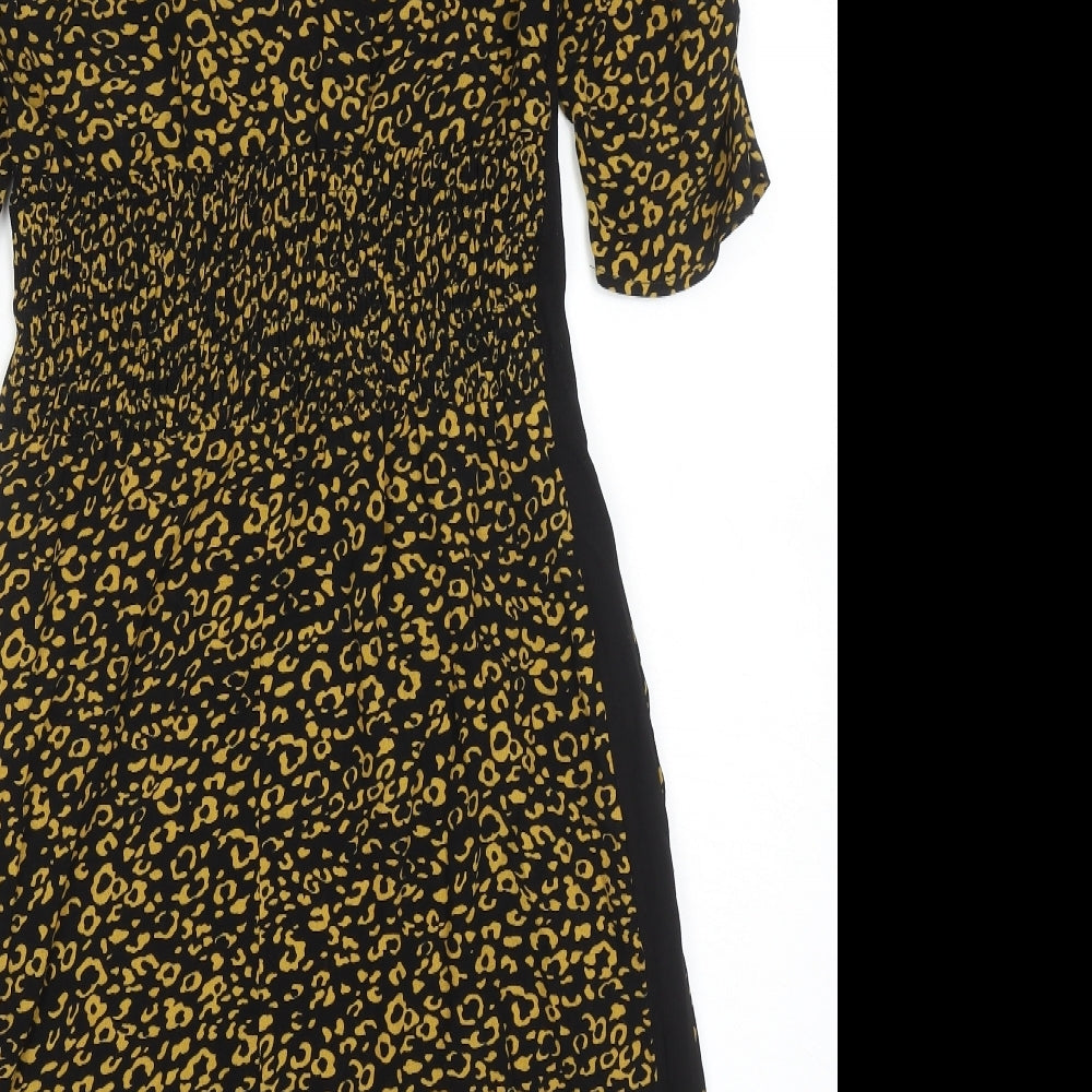 Marks and Spencer Womens Black Animal Print Viscose Fit & Flare Size 8 Round Neck Button - Leopard Pattern