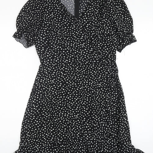 Missguided Womens Black Polka Dot Polyester Fit & Flare Size 8 V-Neck Zip