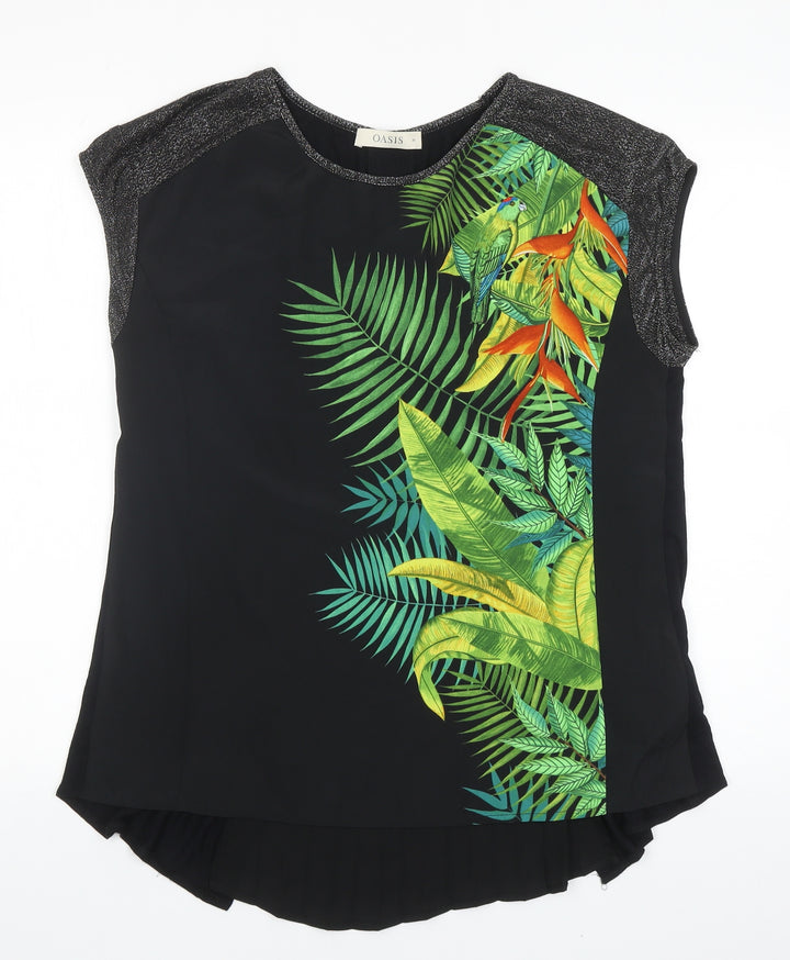 Oasis Womens Black Floral Polyester Basic Blouse Size M Round Neck