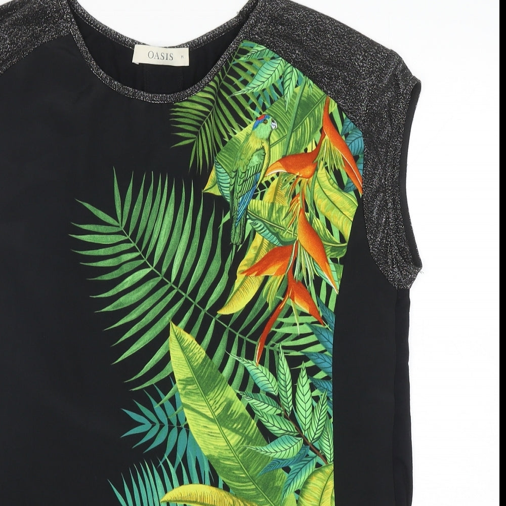 Oasis Womens Black Floral Polyester Basic Blouse Size M Round Neck