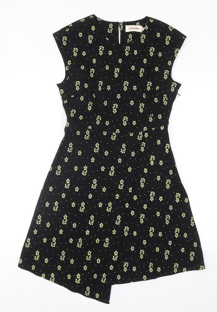 Louche Womens Black Floral Viscose Trapeze & Swing Size 12 V-Neck Zip