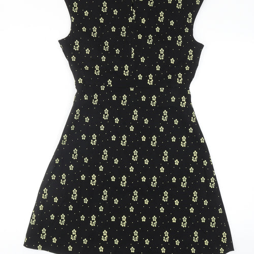 Louche Womens Black Floral Viscose Trapeze & Swing Size 12 V-Neck Zip