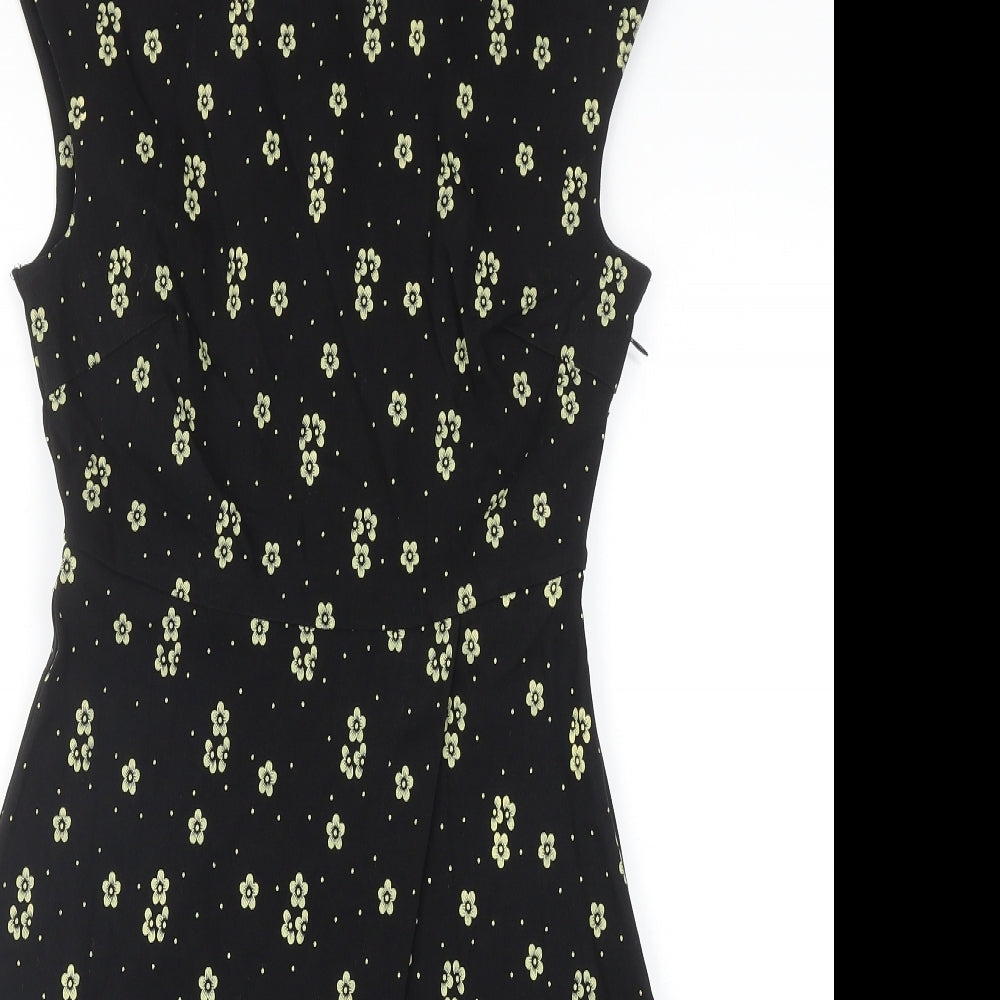 Louche Womens Black Floral Viscose Trapeze & Swing Size 12 V-Neck Zip