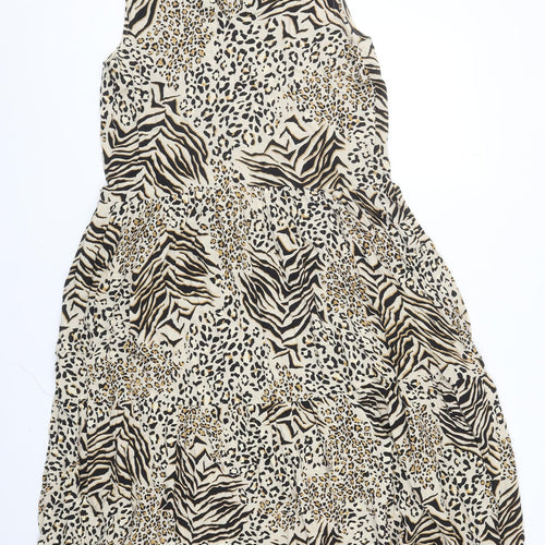 New Look Womens Beige Animal Print Viscose Fit & Flare Size 12 Round Neck Tie - Leopard Zebra Pattern