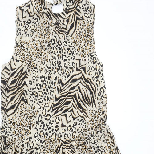 New Look Womens Beige Animal Print Viscose Fit & Flare Size 12 Round Neck Tie - Leopard Zebra Pattern