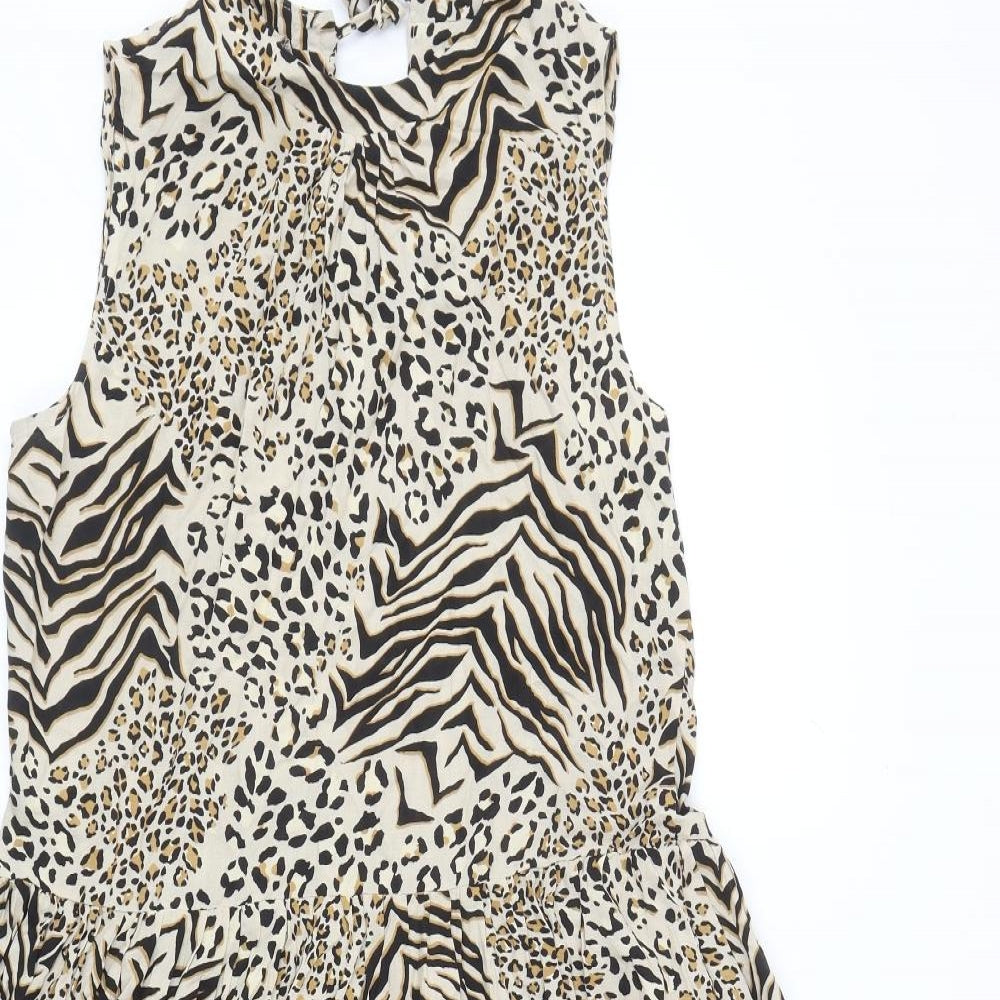 New Look Womens Beige Animal Print Viscose Fit & Flare Size 12 Round Neck Tie - Leopard Zebra Pattern