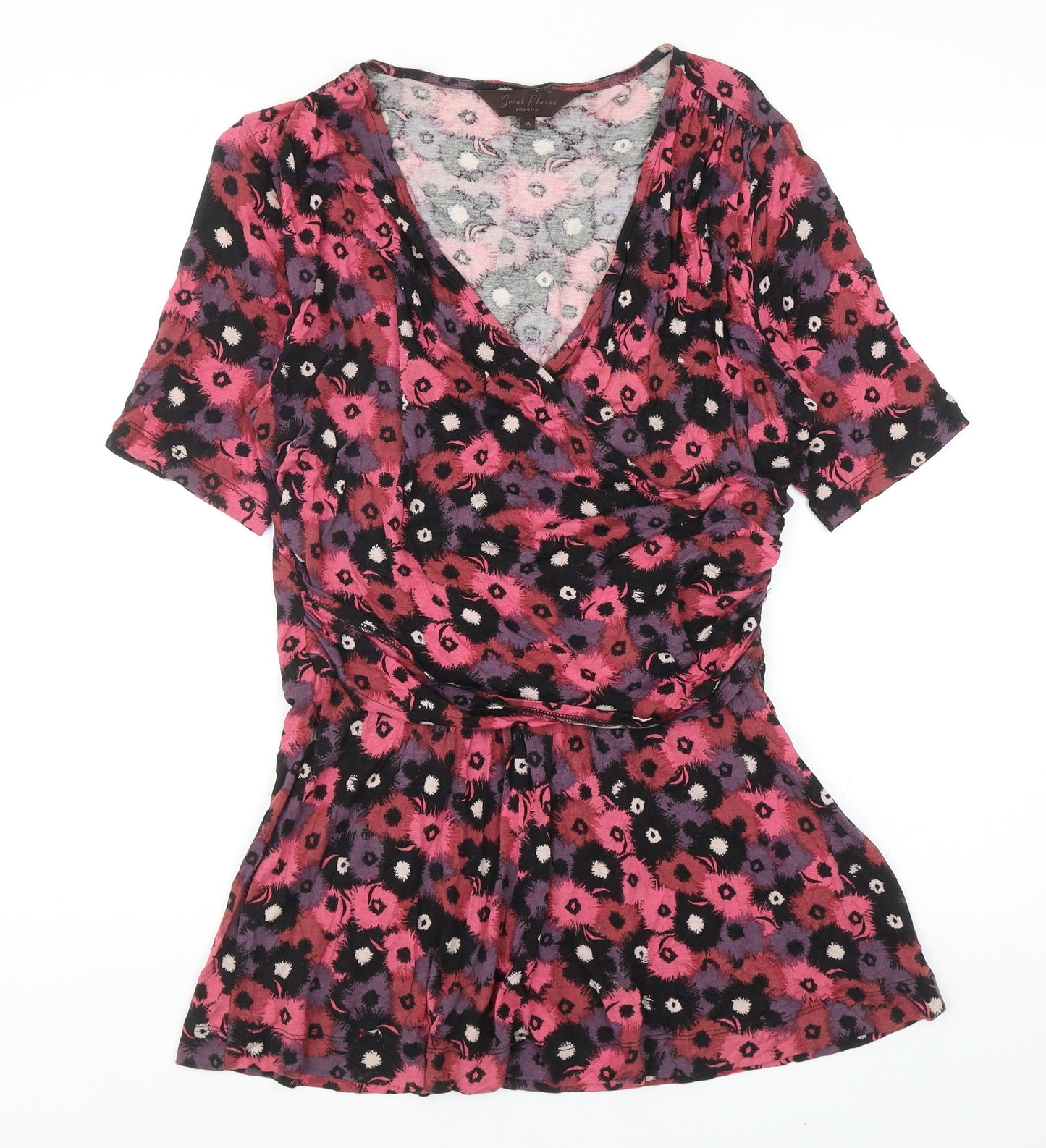 Great Plains Womens Pink Floral Viscose Basic Blouse Size M V-Neck - Ruched Detail