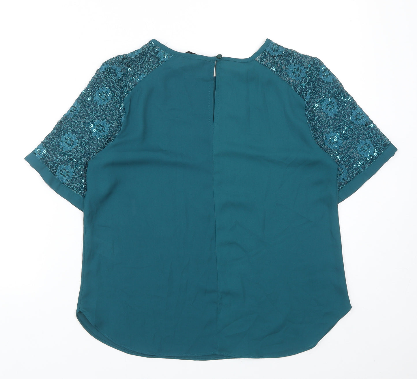 Dorothy Perkins Womens Blue Nylon Basic Blouse Size 12 Boat Neck - Lace Detail