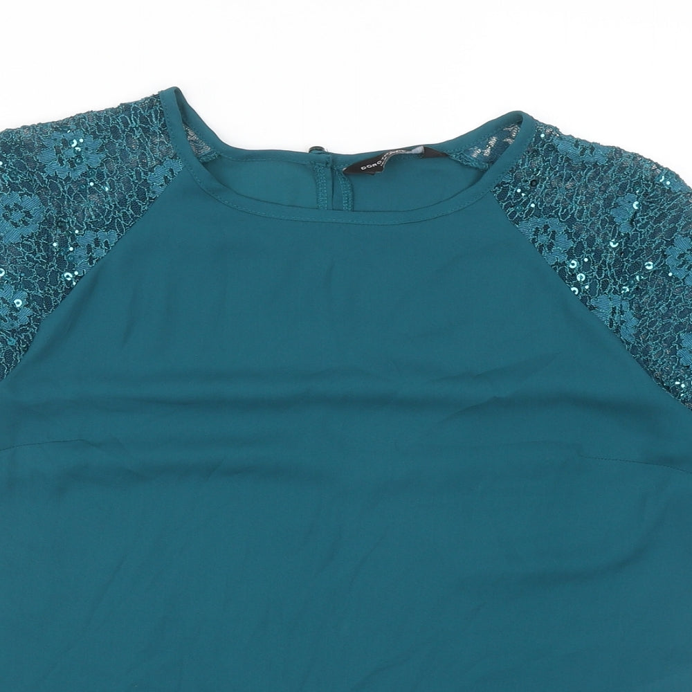 Dorothy Perkins Womens Blue Nylon Basic Blouse Size 12 Boat Neck - Lace Detail