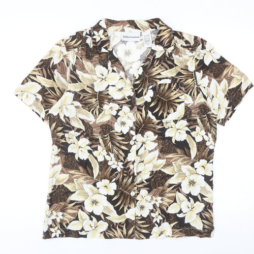 Cathy Essentials Womens Brown Floral Cotton Basic Button-Up Size S Collared