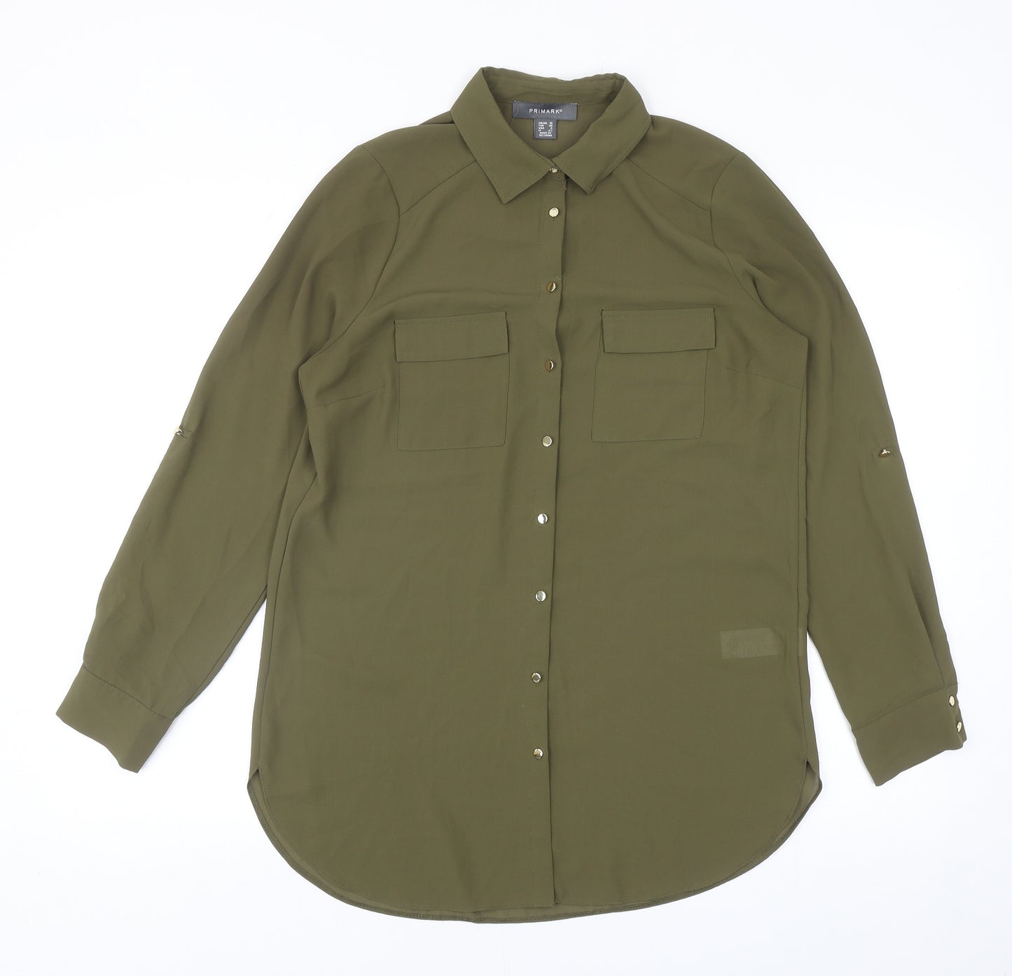 Primark Womens Green Polyester Basic Button-Up Size 10 Collared
