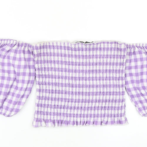 Warehouse Womens Purple Check Polyester Cropped Blouse Size 8 Off the Shoulder