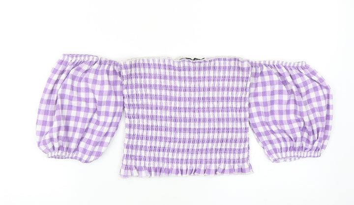 Warehouse Womens Purple Check Polyester Cropped Blouse Size 8 Off the Shoulder