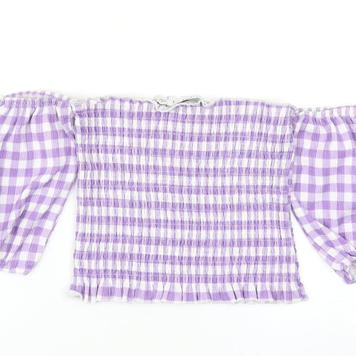 Warehouse Womens Purple Check Polyester Cropped Blouse Size 8 Off the Shoulder
