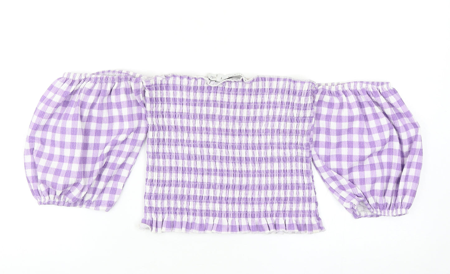 Warehouse Womens Purple Check Polyester Cropped Blouse Size 8 Off the Shoulder