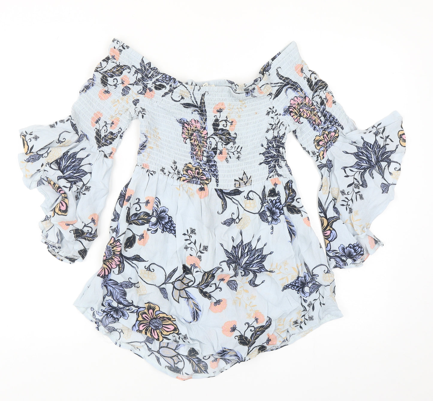 River Island Womens Blue Floral Viscose Basic Blouse Size 8 Off the Shoulder - Shirred Top