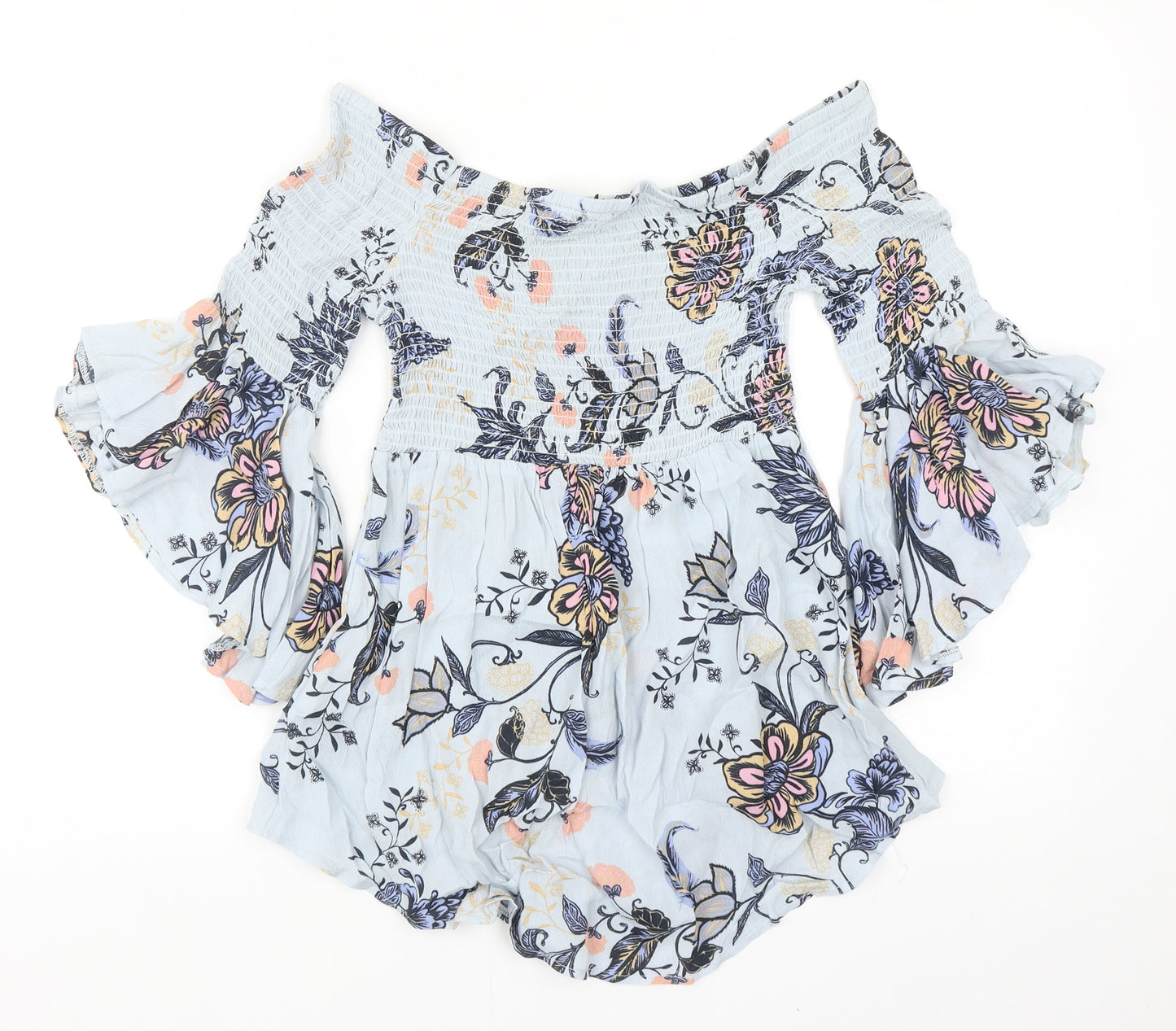 River Island Womens Blue Floral Viscose Basic Blouse Size 8 Off the Shoulder - Shirred Top