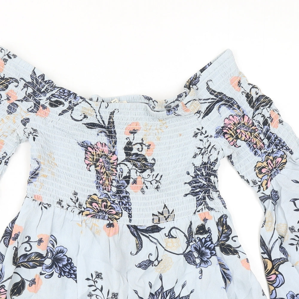 River Island Womens Blue Floral Viscose Basic Blouse Size 8 Off the Shoulder - Shirred Top