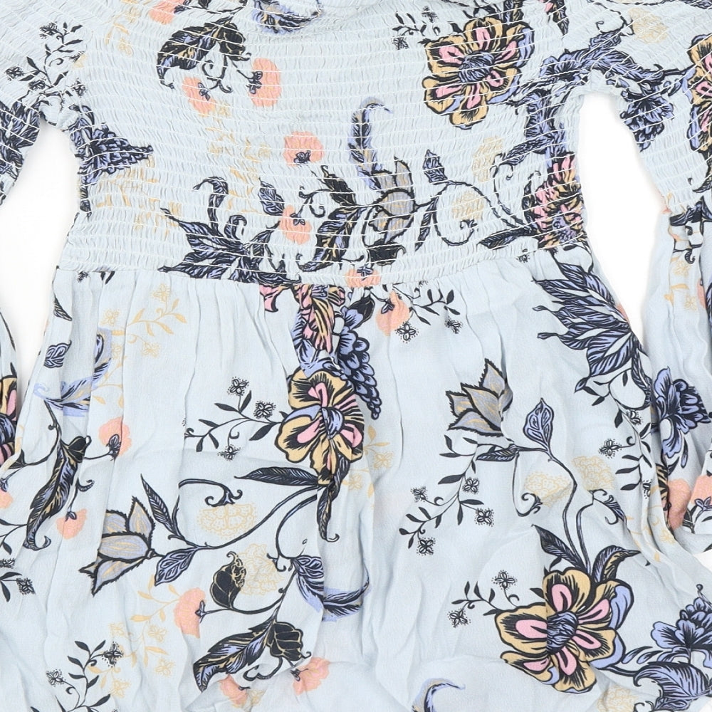 River Island Womens Blue Floral Viscose Basic Blouse Size 8 Off the Shoulder - Shirred Top