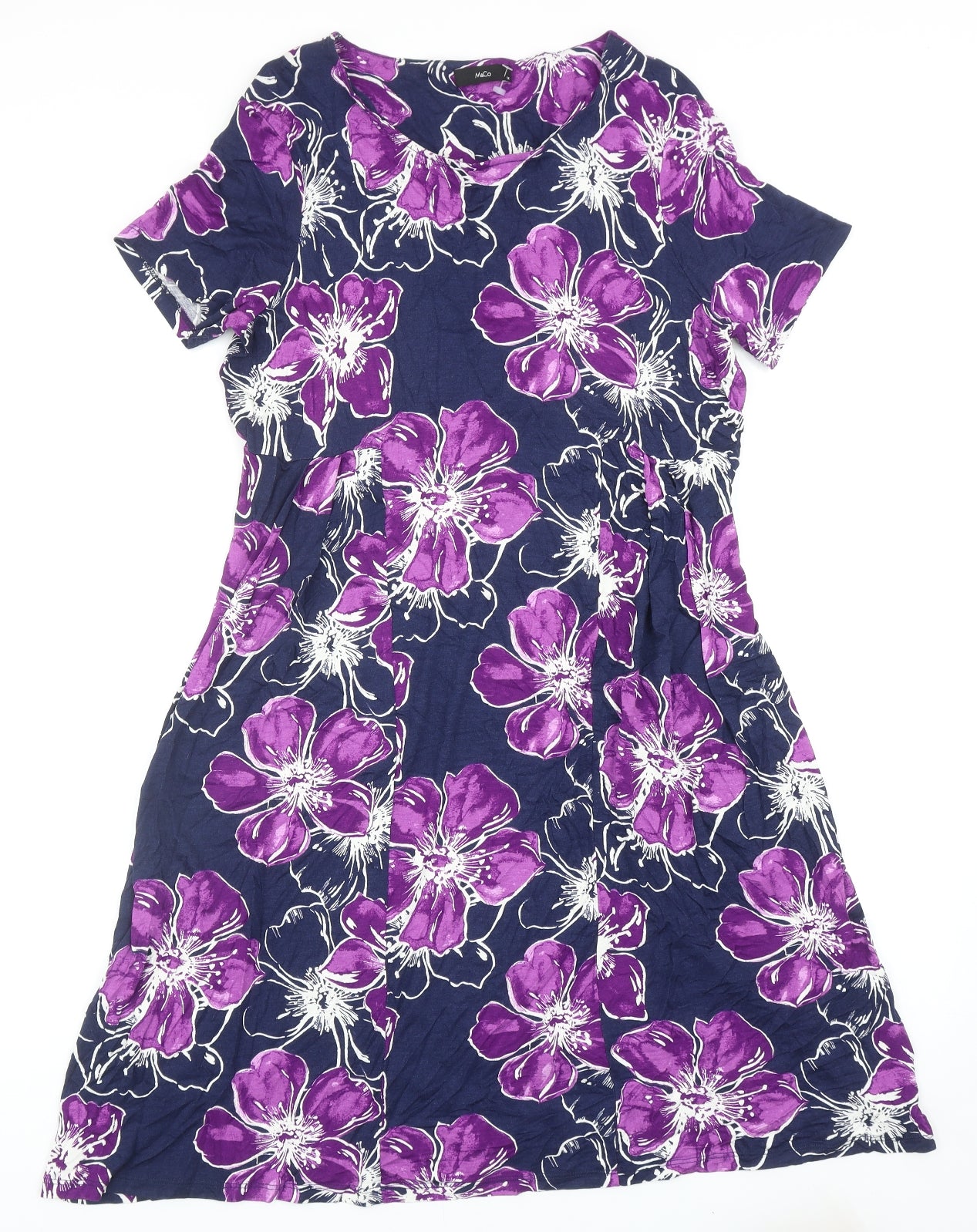 M&Co Womens Purple Floral Viscose A-Line Size 14 Round Neck Pullover
