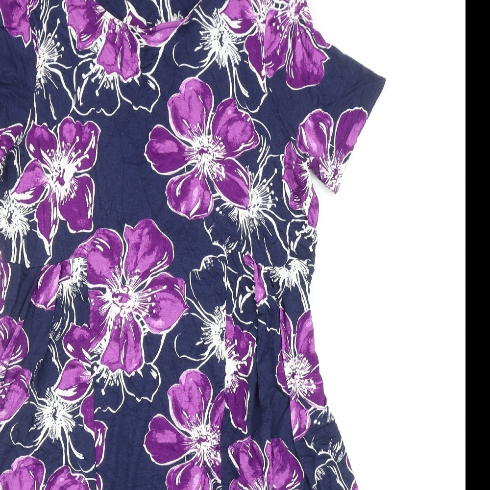 M&Co Womens Purple Floral Viscose A-Line Size 14 Round Neck Pullover