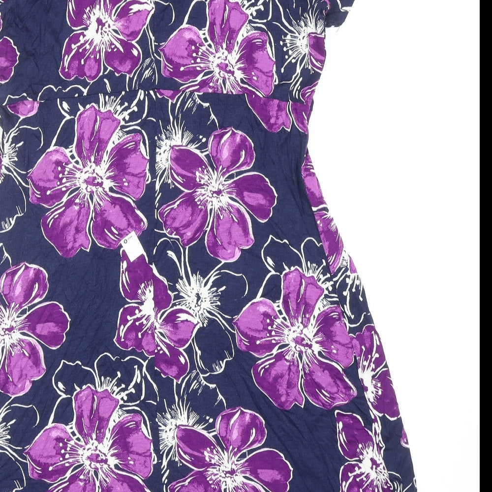 M&Co Womens Purple Floral Viscose A-Line Size 14 Round Neck Pullover
