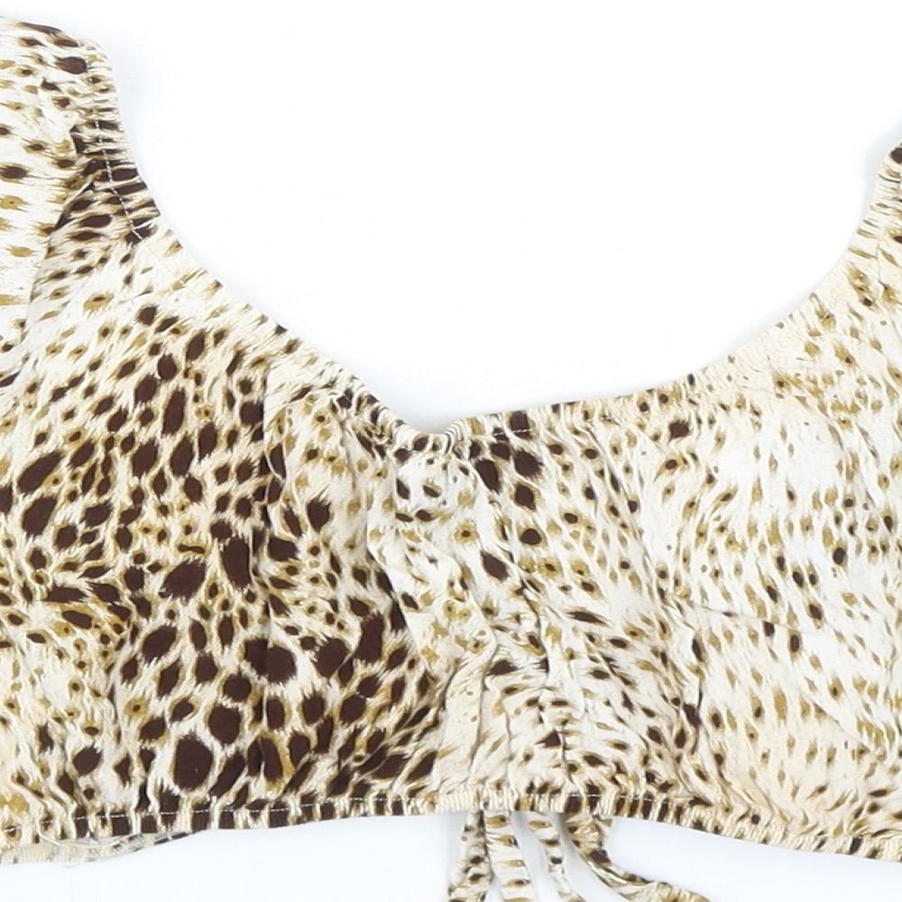 Motel Womens Brown Animal Print Viscose Cropped Blouse Size XS V-Neck - Puff Sleeves Ruched