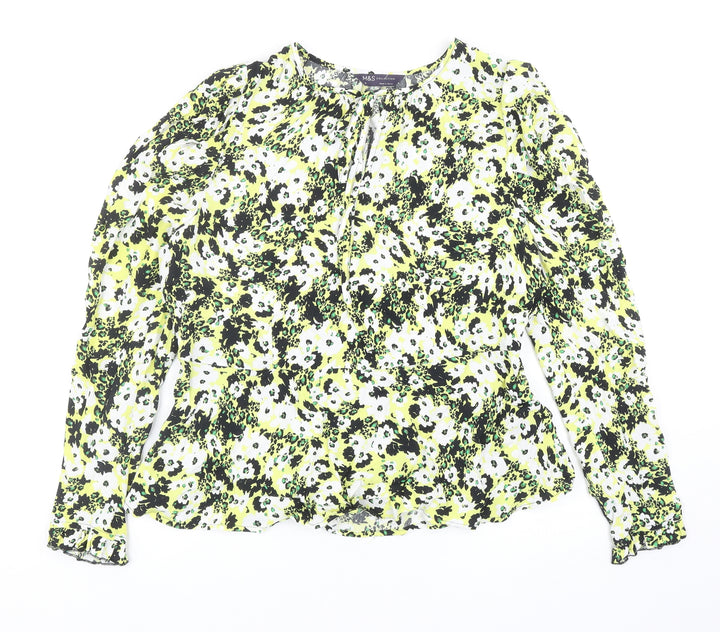 Marks and Spencer Womens Yellow Geometric Viscose Basic Blouse Size 12 Round Neck