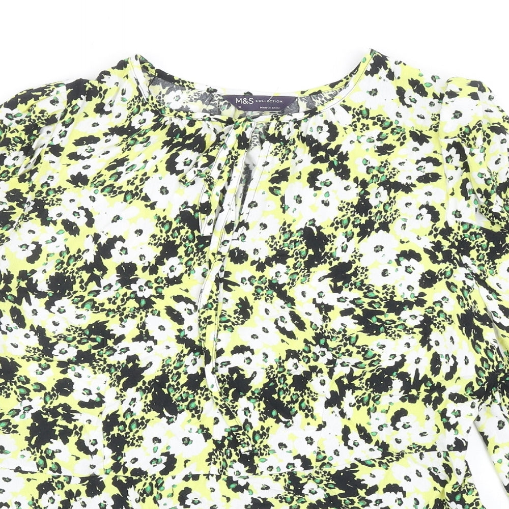 Marks and Spencer Womens Yellow Geometric Viscose Basic Blouse Size 12 Round Neck