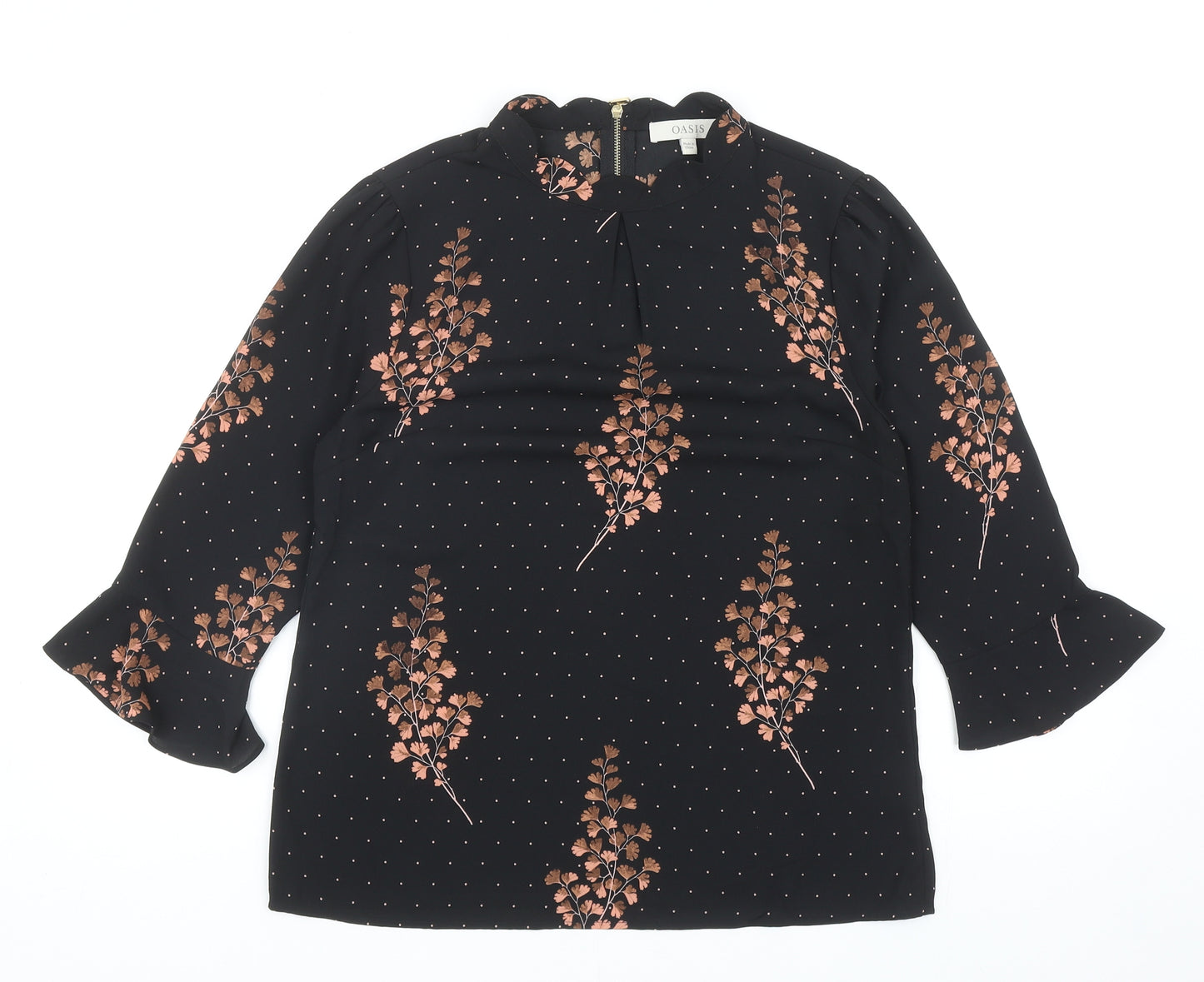 Oasis Womens Black Polka Dot Polyester Basic Blouse Size 10 Mock Neck - Leaf Pattern