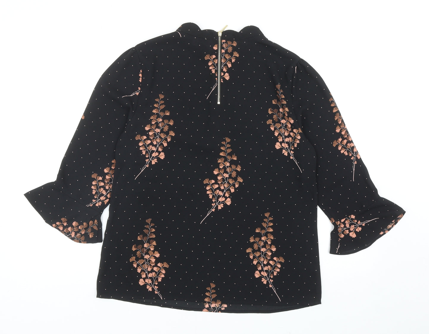 Oasis Womens Black Polka Dot Polyester Basic Blouse Size 10 Mock Neck - Leaf Pattern