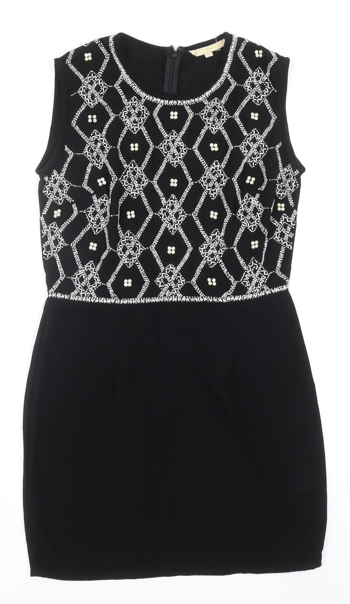 TFNC Womens Black Geometric Polyester A-Line Size M Round Neck Zip