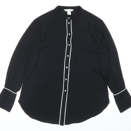 H&M Womens Black Polyester Basic Button-Up Size 12 Round Neck