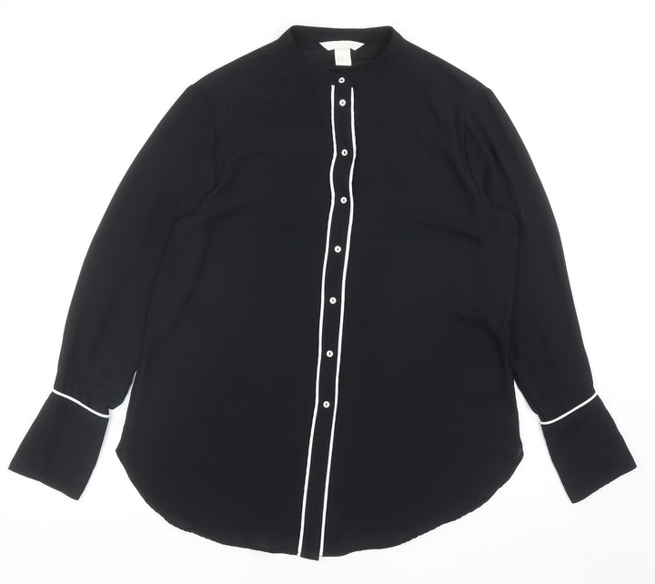 H&M Womens Black Polyester Basic Button-Up Size 12 Round Neck