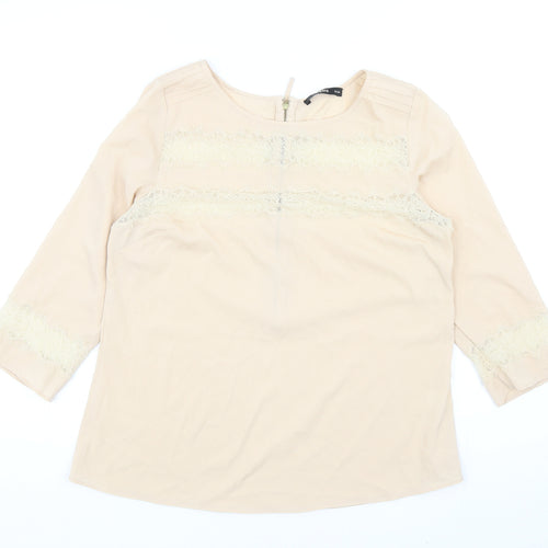 Oasis Womens Beige Polyester Basic Blouse Size 12 Round Neck - Lace Detail