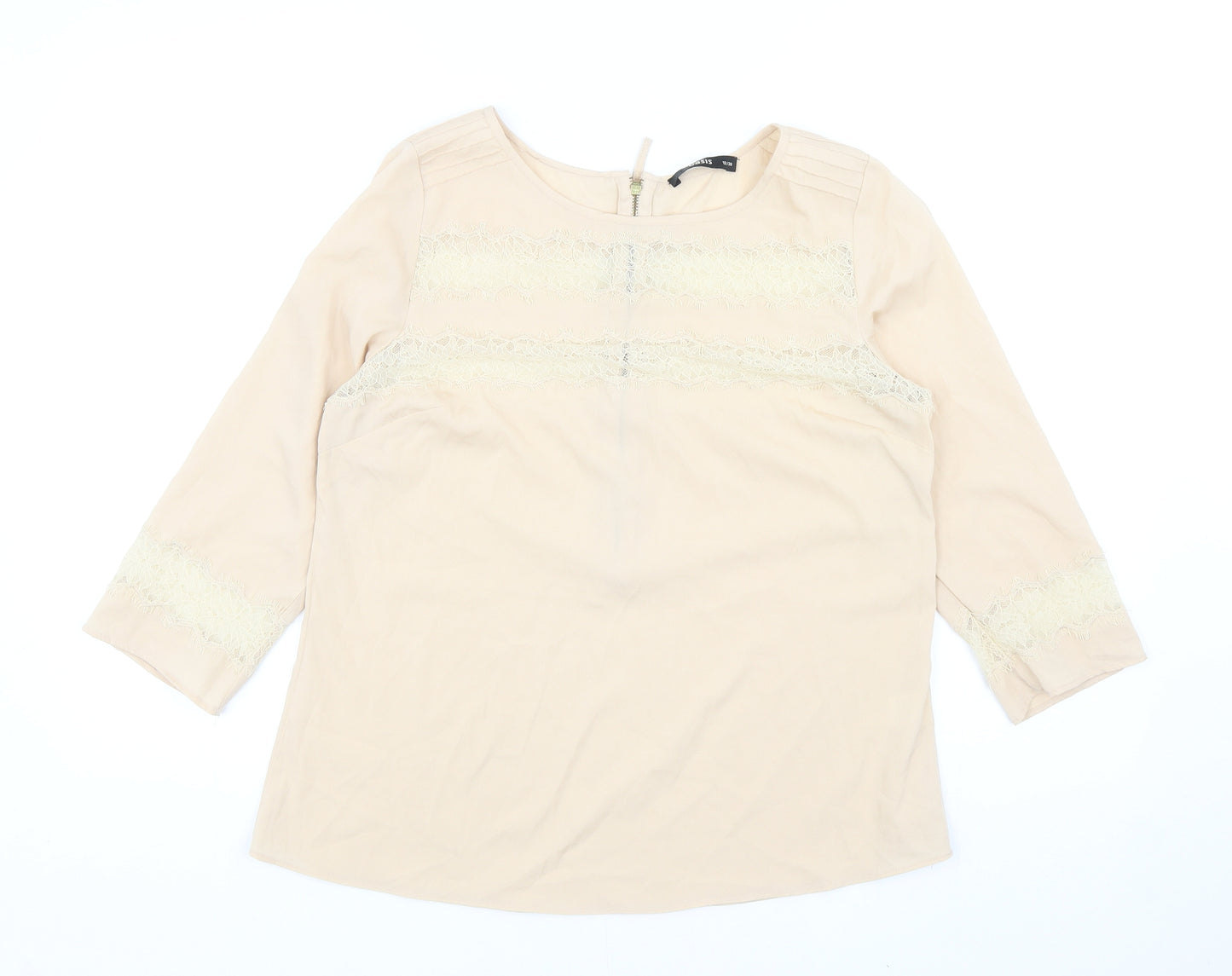 Oasis Womens Beige Polyester Basic Blouse Size 12 Round Neck - Lace Detail