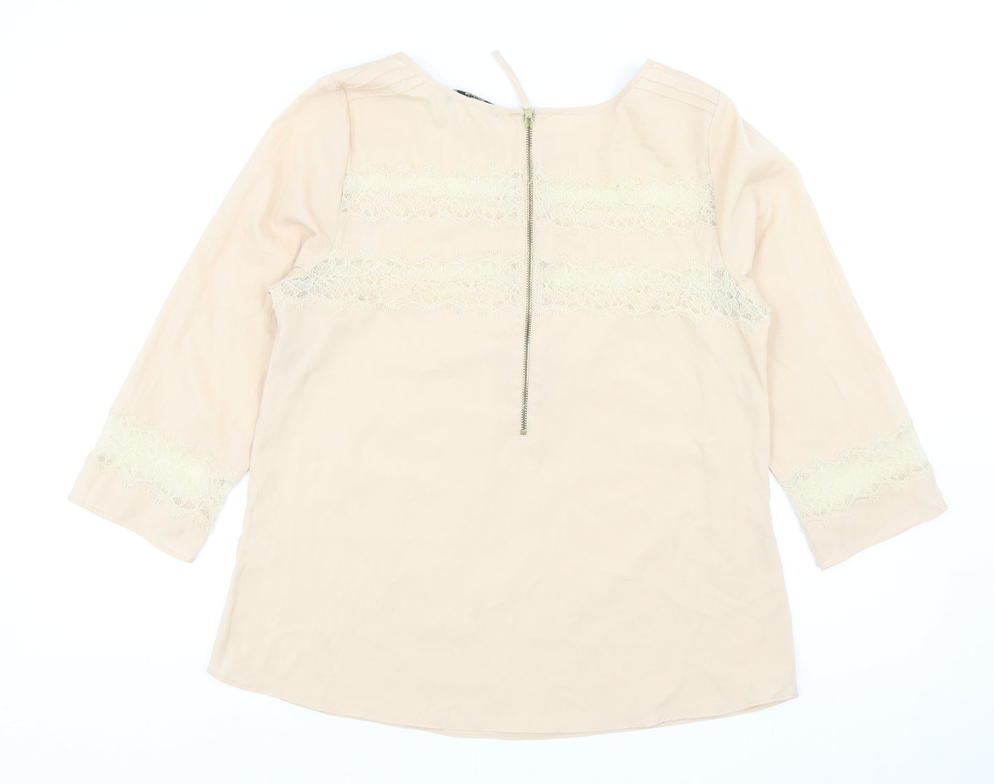 Oasis Womens Beige Polyester Basic Blouse Size 12 Round Neck - Lace Detail