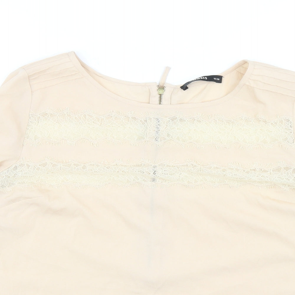 Oasis Womens Beige Polyester Basic Blouse Size 12 Round Neck - Lace Detail