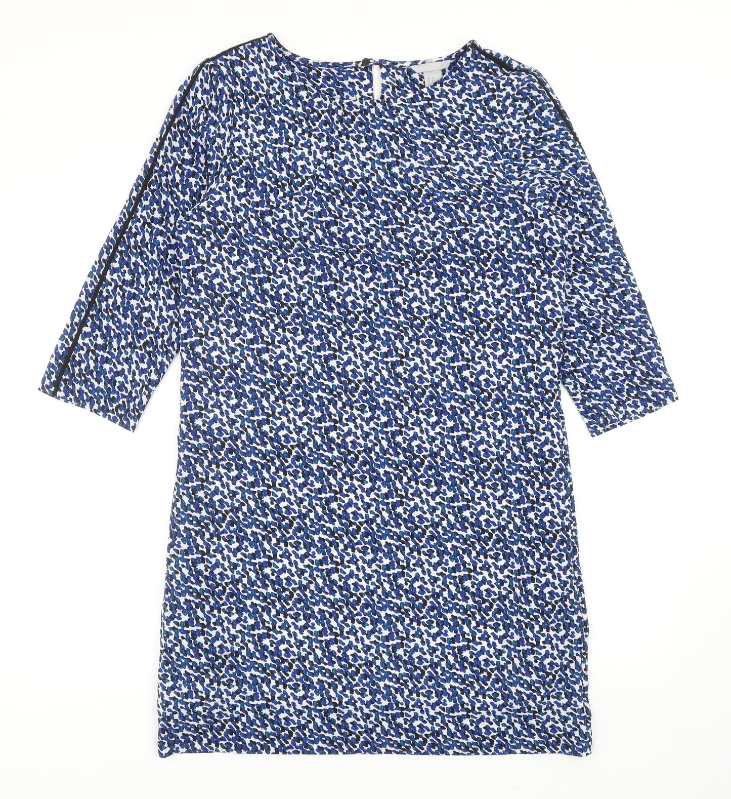 H&M Womens Blue Geometric Polyester Shift Size 12 Boat Neck Button