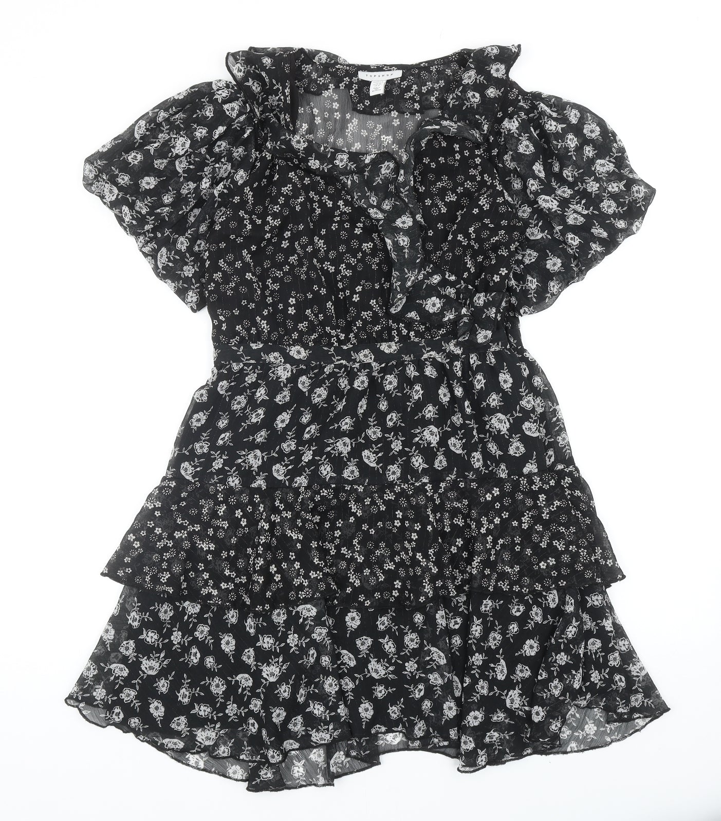 Topshop Womens Black Floral Polyester Mini Size 10 V-Neck Zip