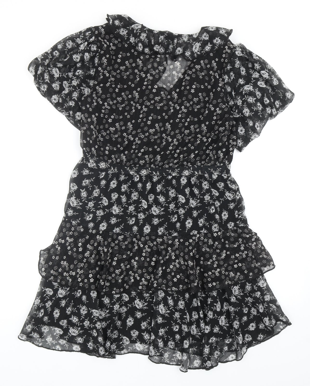 Topshop Womens Black Floral Polyester Mini Size 10 V-Neck Zip
