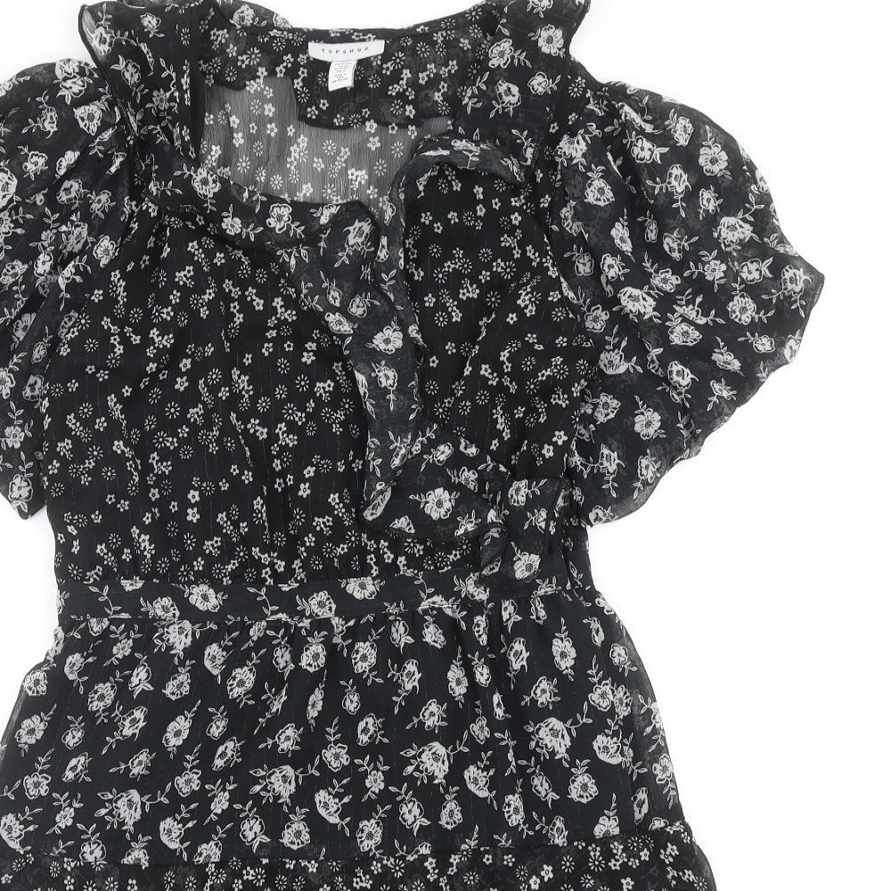 Topshop Womens Black Floral Polyester Mini Size 10 V-Neck Zip